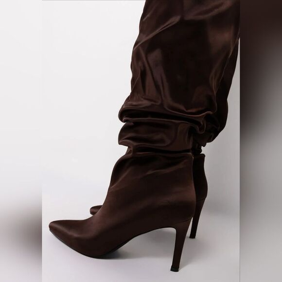 AZALEA WANG Chocolate Brown Nylon Tall Slouchy Knee High Stiletto Boots, NIB - Picture 2 of 7